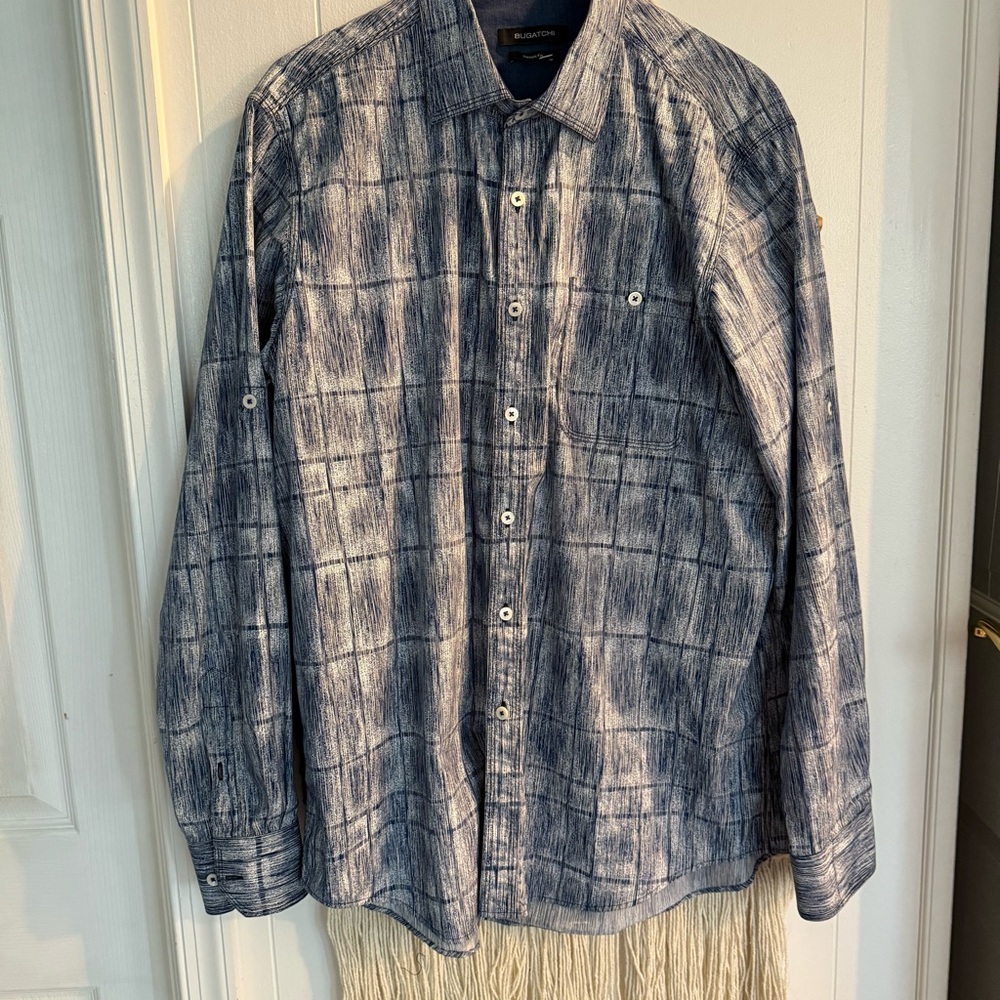 Bugatchi Blue Patterned Shirt large nwot $200